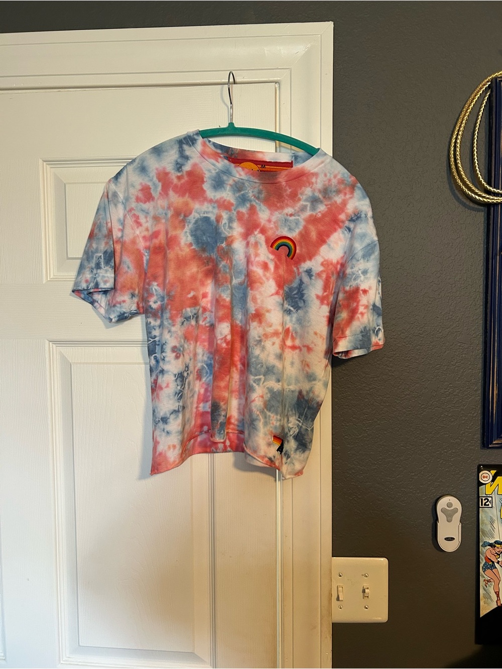 Aviator Nation Pink & Blue Tie-Dye Cropped Tee with Rainbow Patch